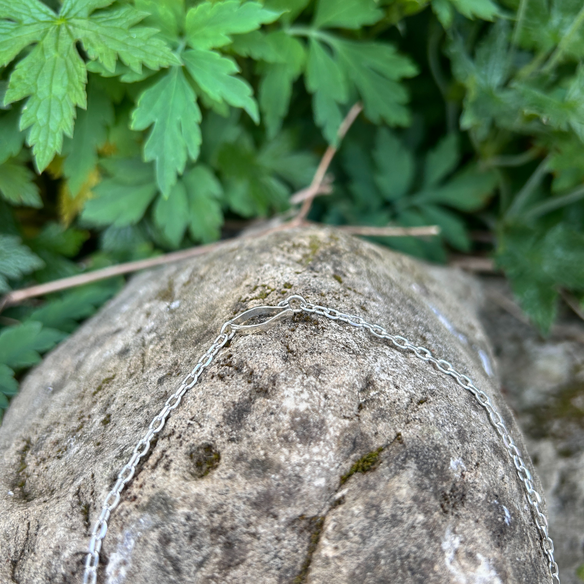 Elegant sterling silver necklace with leaf shaped catch on natural stone background with green foliage