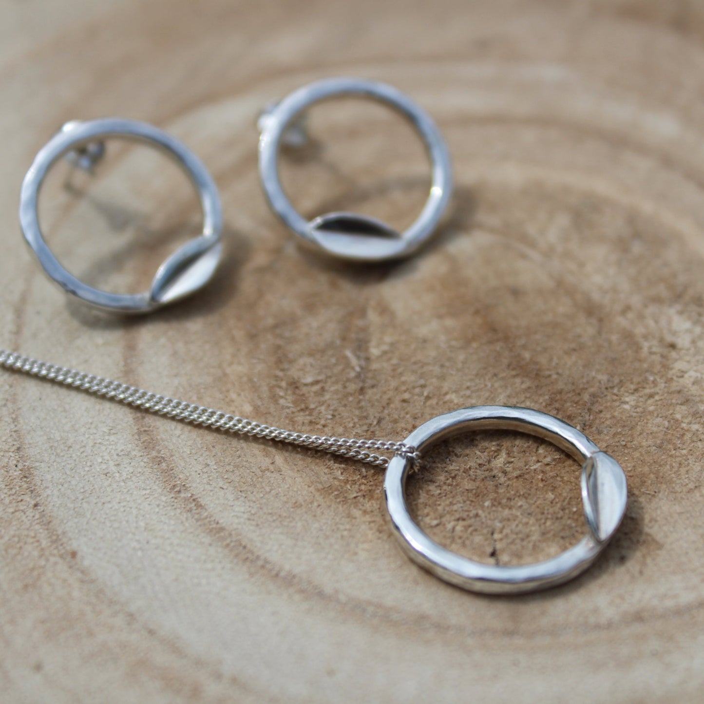 Hammered Hoop Leaf Earrings & Necklace Jewellery Set