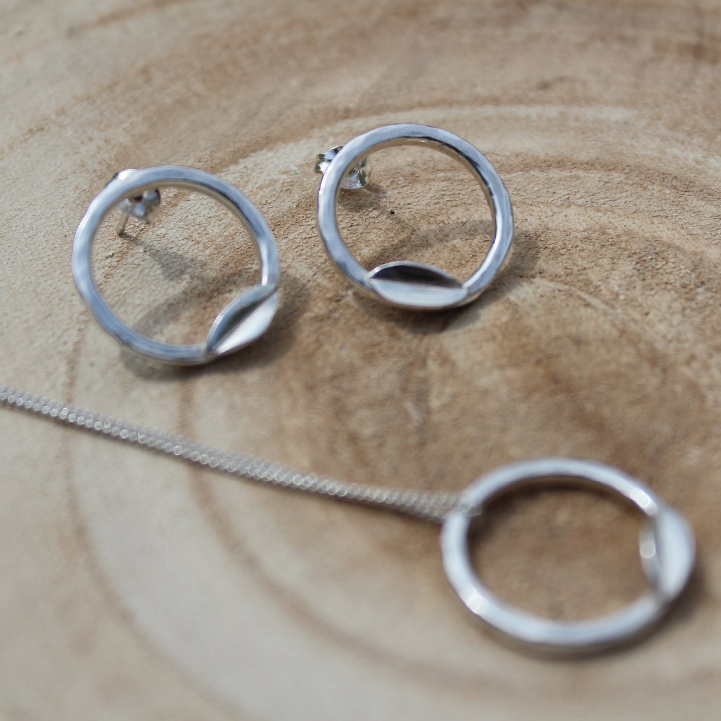 Hammered Hoop Leaf Earrings & Necklace Jewellery Set