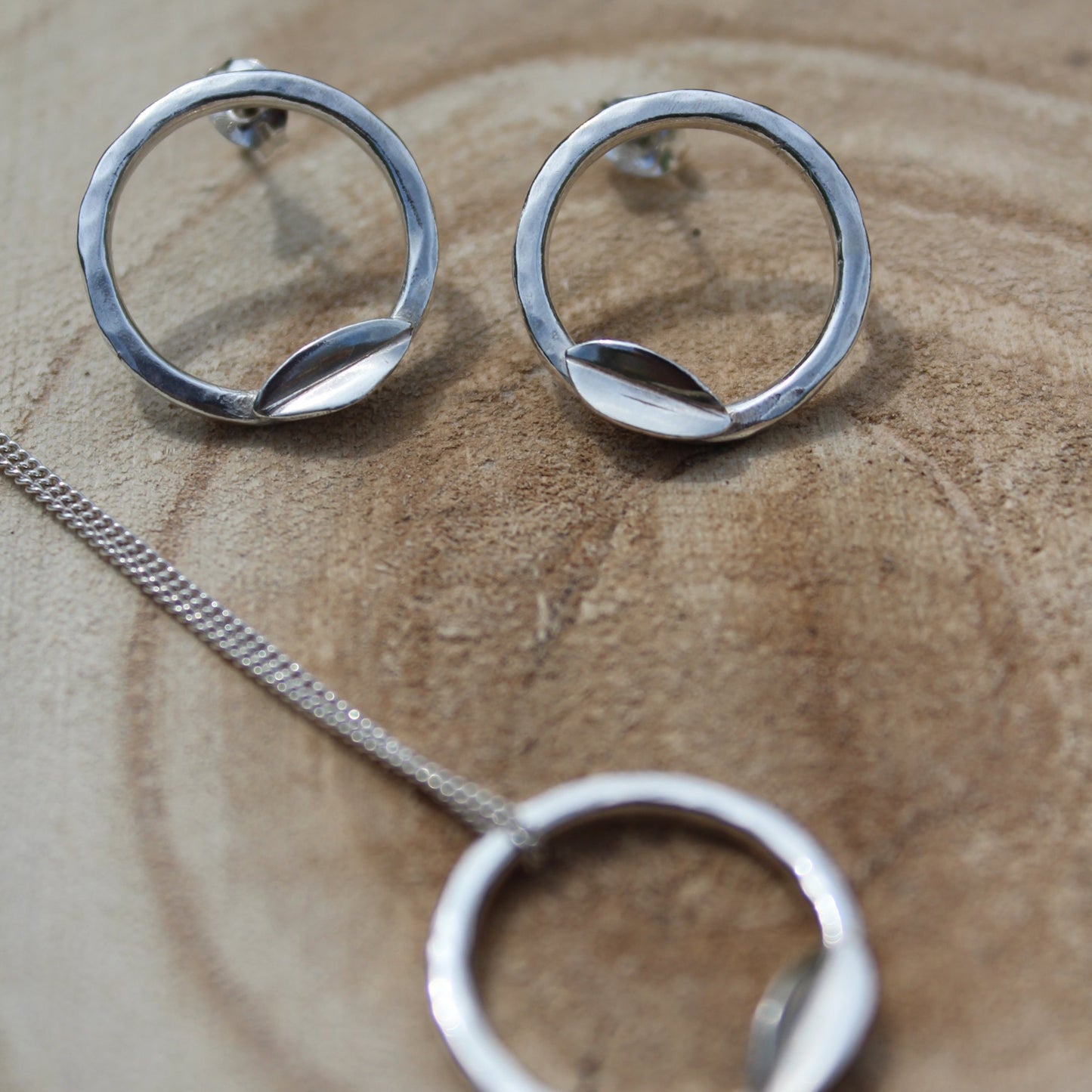 Hammered Hoop Leaf Earrings & Necklace Jewellery Set