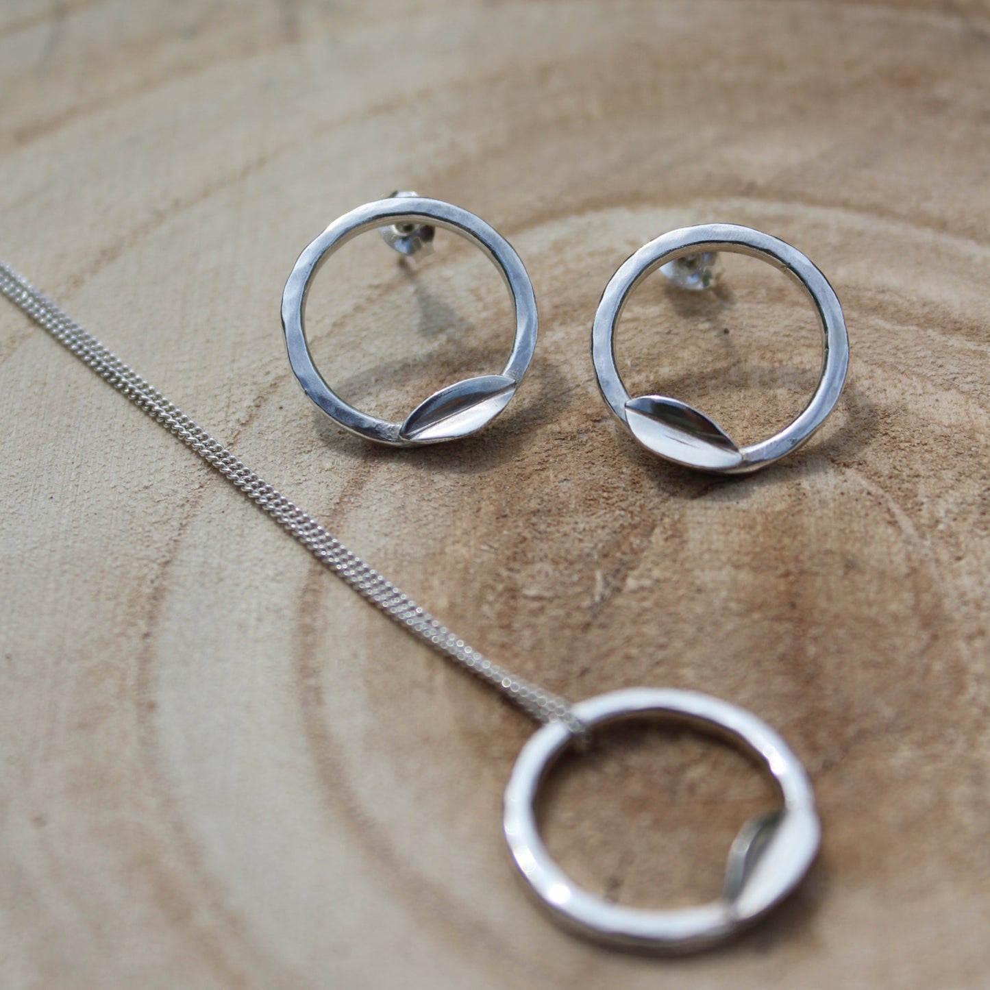 Hammered Hoop Leaf Earrings & Necklace Jewellery Set