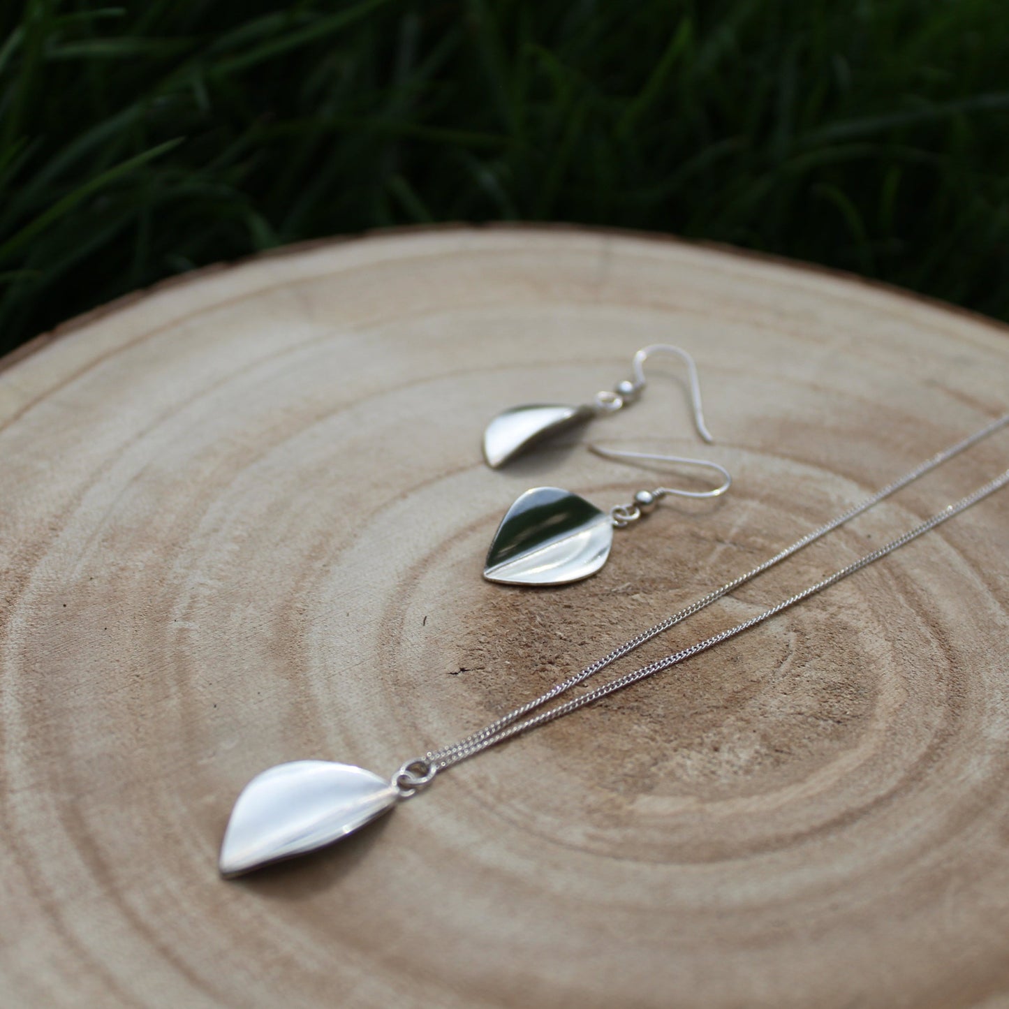 Large Leaf Necklace and Drop Earrings Jewellery set handmade from sterling silver using traditional silversmithing tecnhiques by Jen Lithgo Jewellery