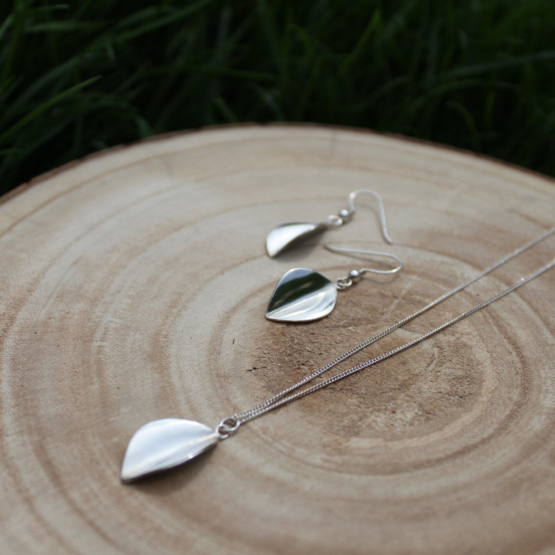 Large Leaf Necklace and Drop Earrings Jewellery set handmade from sterling silver using traditional silversmithing tecnhiques by Jen Lithgo Jewellery