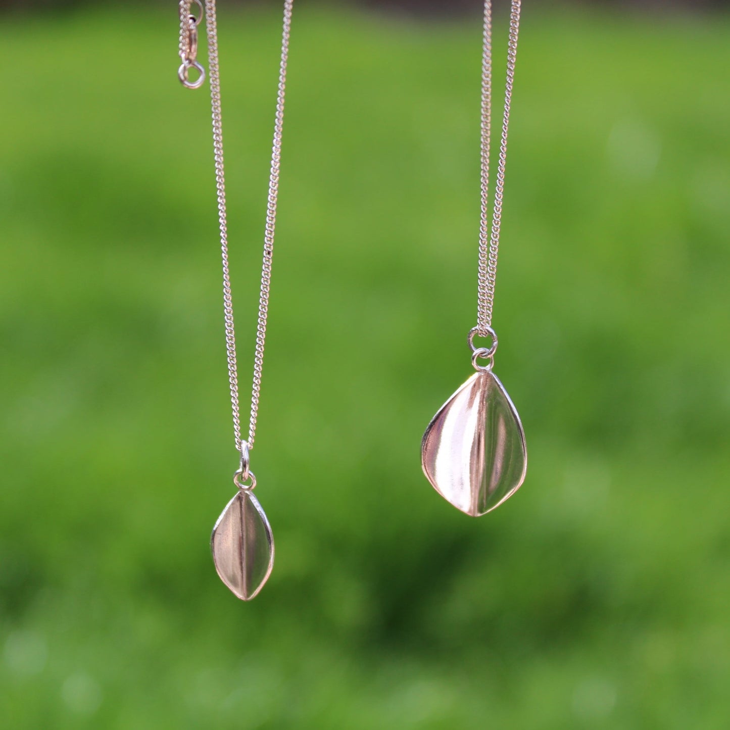 Small and Large Leaf Necklaces handmade using sterling silver by Jen Lithgo Jewellery