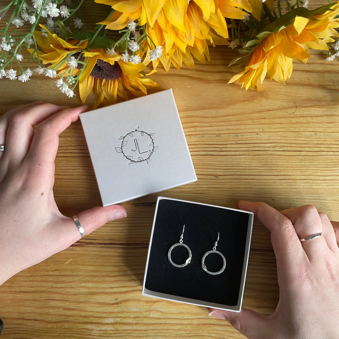 Hammered Hoop Leaf Drop Earrings