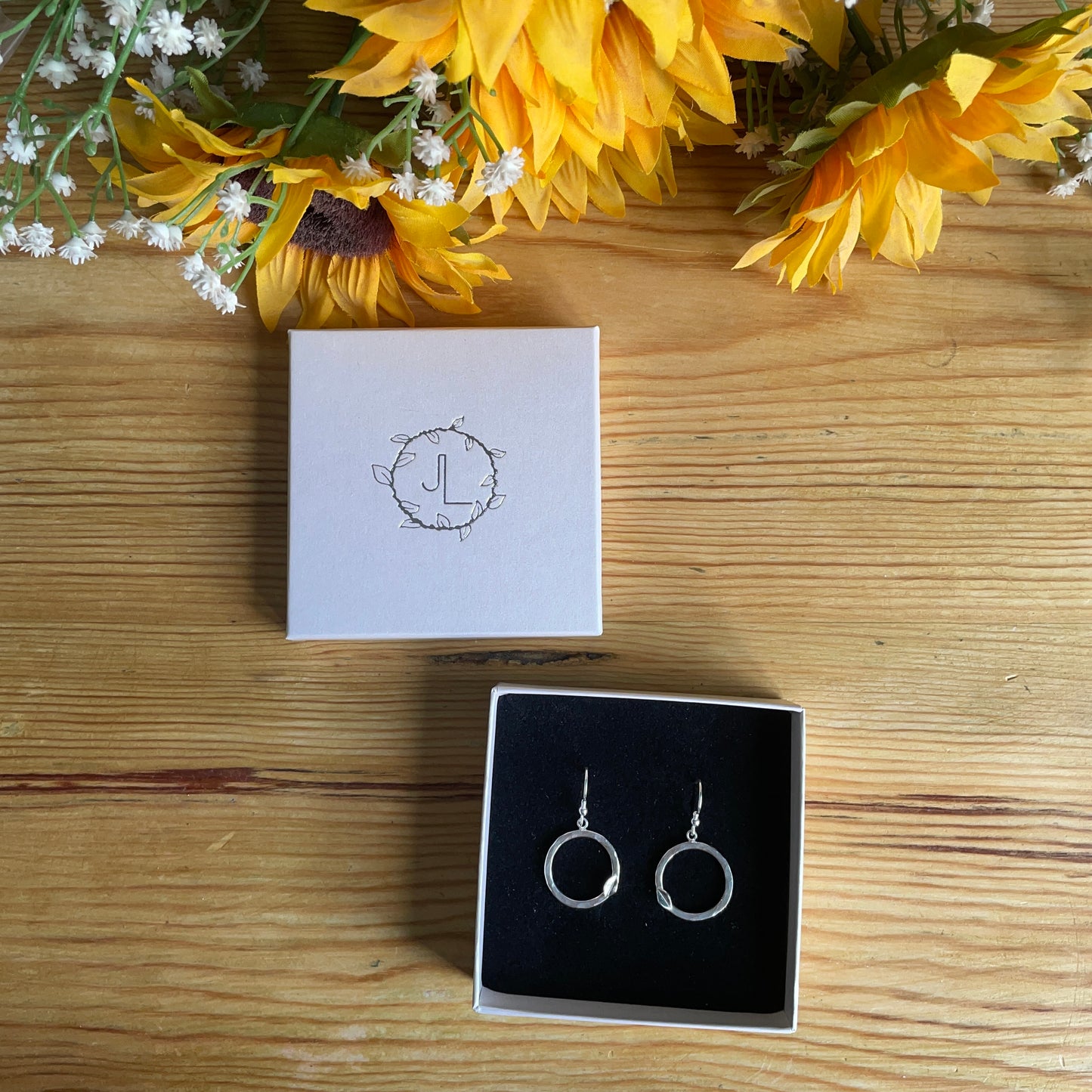 Hammered Hoop Leaf Drop Earrings