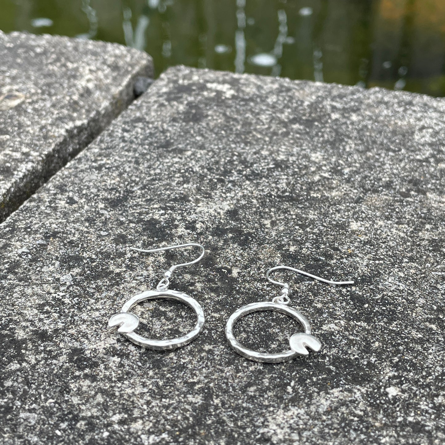 Hammered Hoop Lilypad Drop Earrings