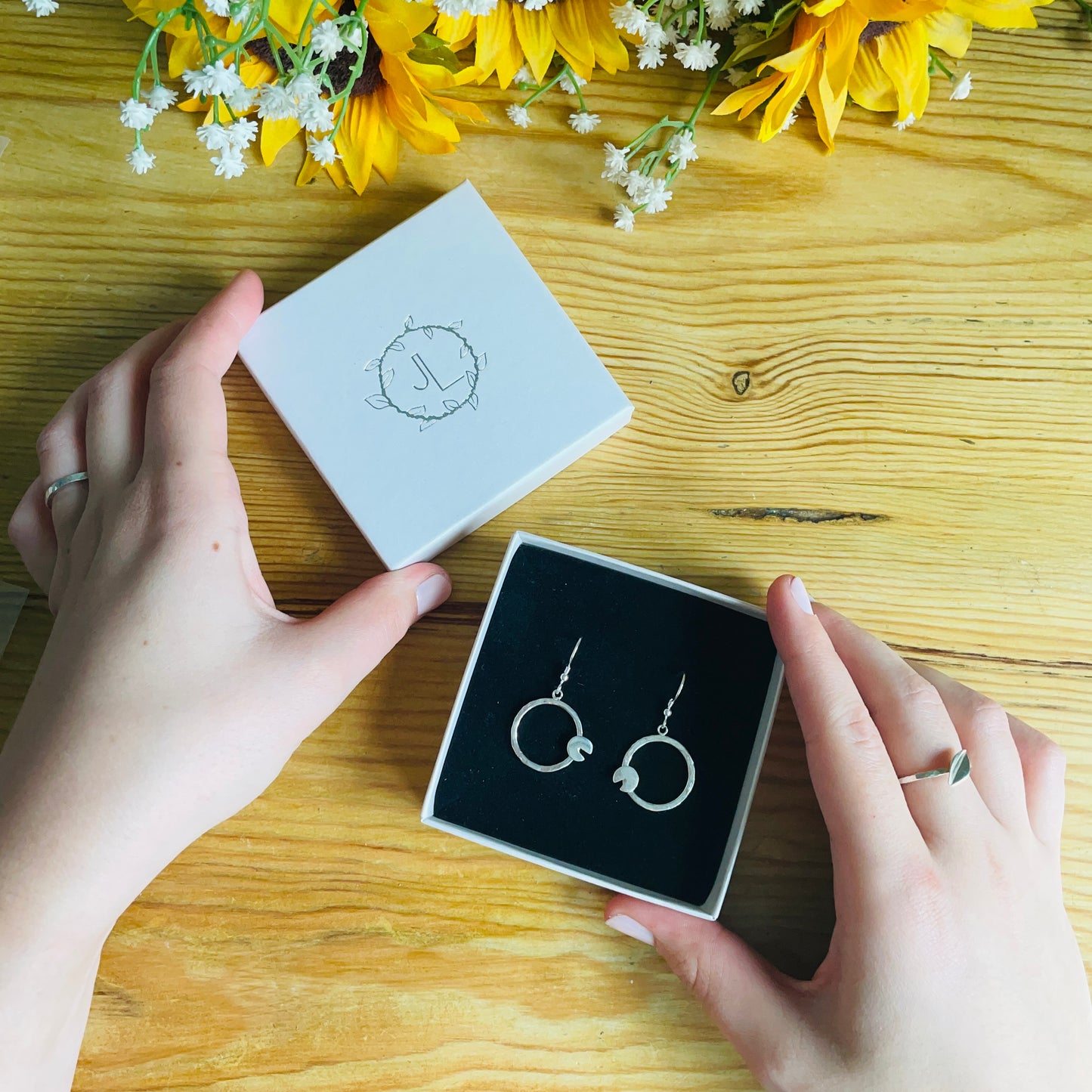 Hammered Hoop Lilypad Drop Earrings