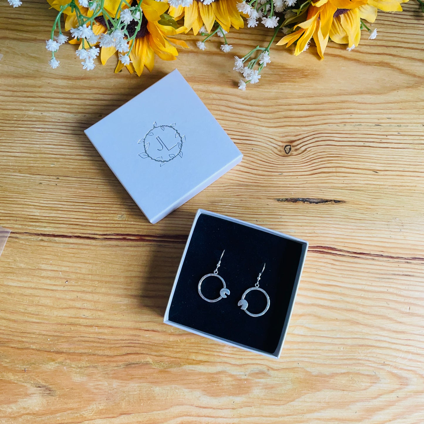 Hammered Hoop Lilypad Drop Earrings