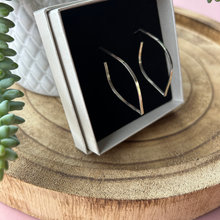 Load image into Gallery viewer, Handmade Sterling Silver Leaf silhouette outline Hoop studs displayed in a branded box made by Jen Lithgo Jewellery Designer