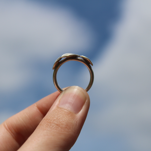 side view of three leaf ring held in hands with sky background