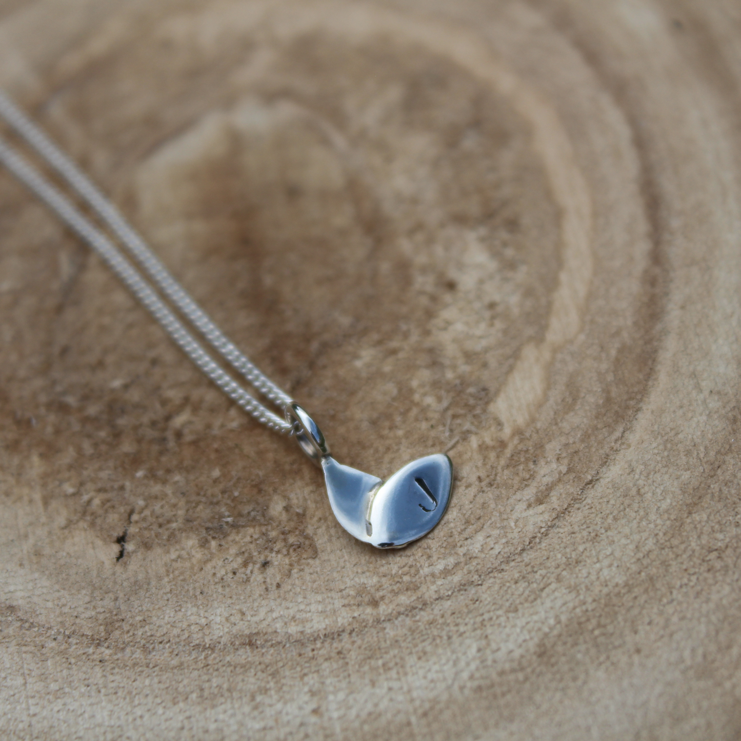 personalised 'J' small duo necklace on a wooden background