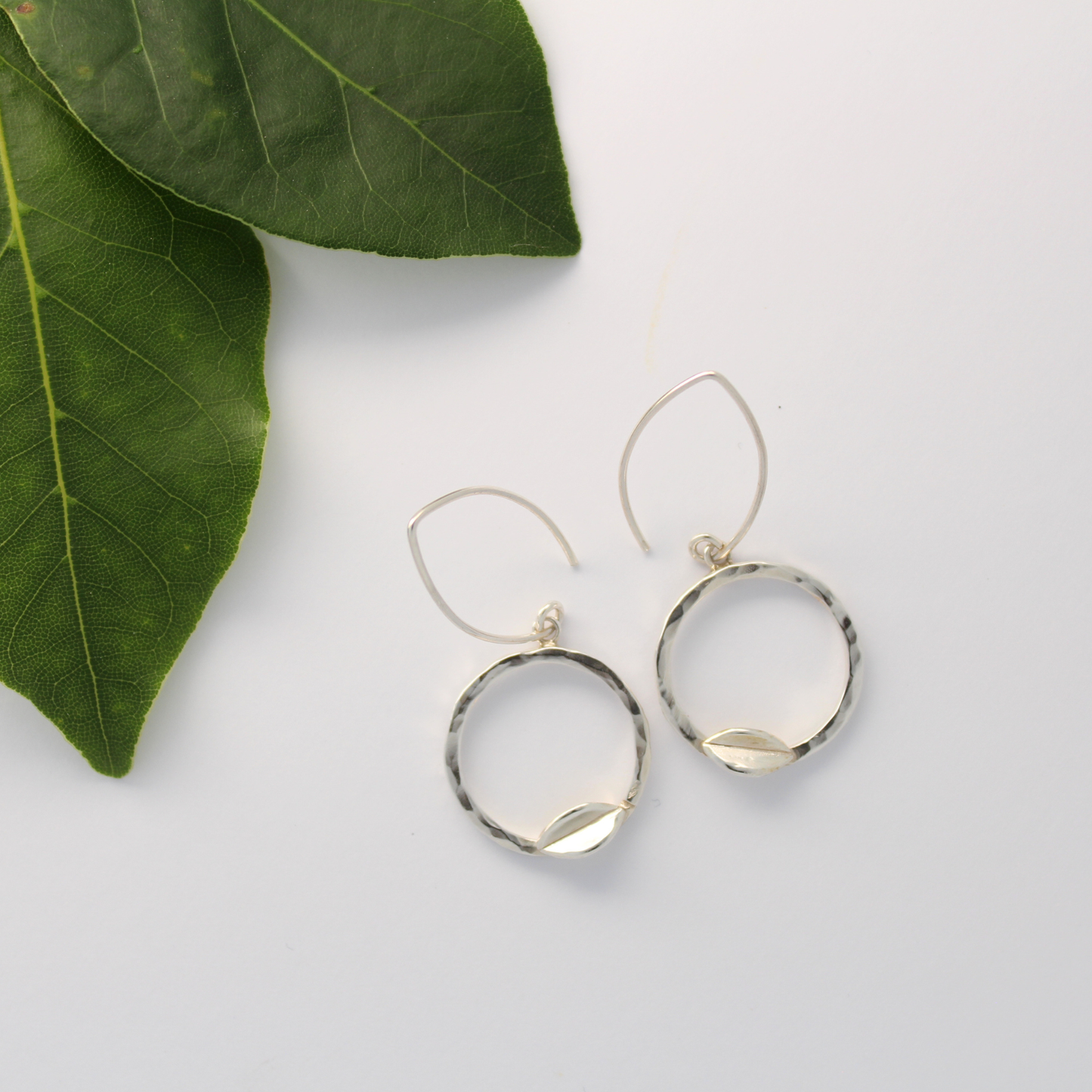 Hammered Hoop Leaf Drop Earrings