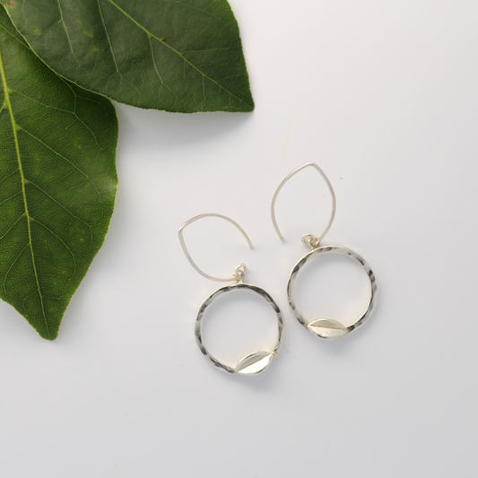 Hammered Hoop Leaf Drop Earrings