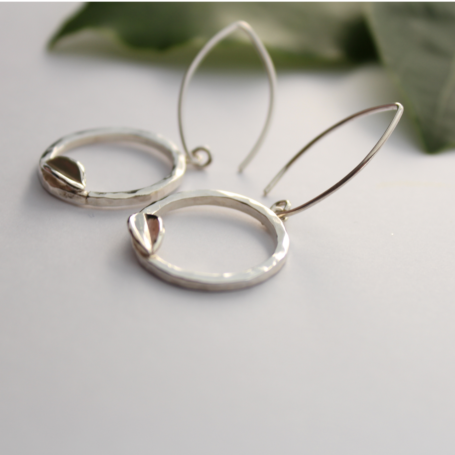 Hammered Hoop Leaf Drop Earrings
