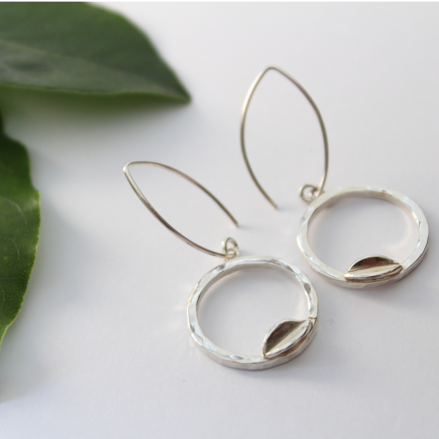 Hammered Hoop Leaf Drop Earrings