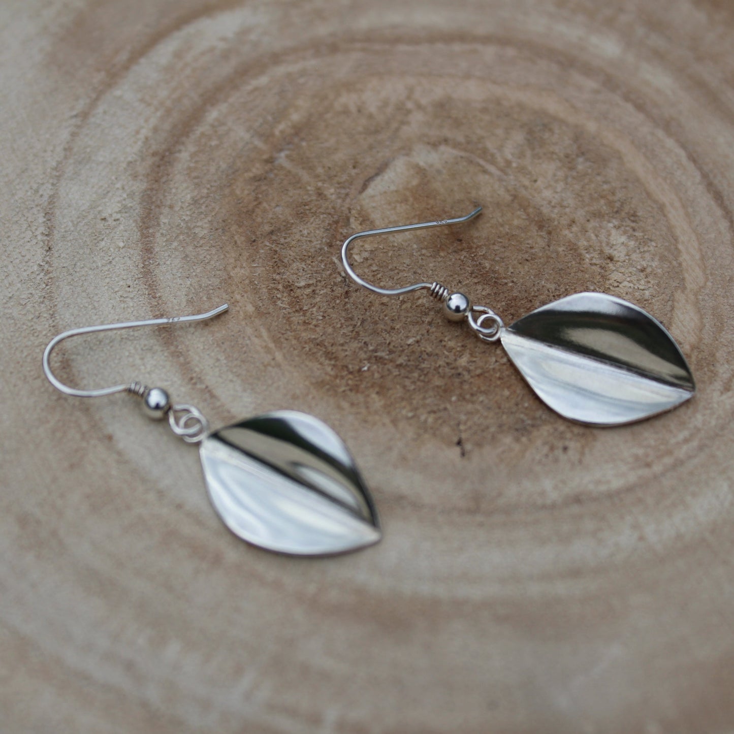 Large Leaf Drop Earrings in Sterling Silver - handmade using traditional silversmithing techniques by Jen Lithgo Jewellery