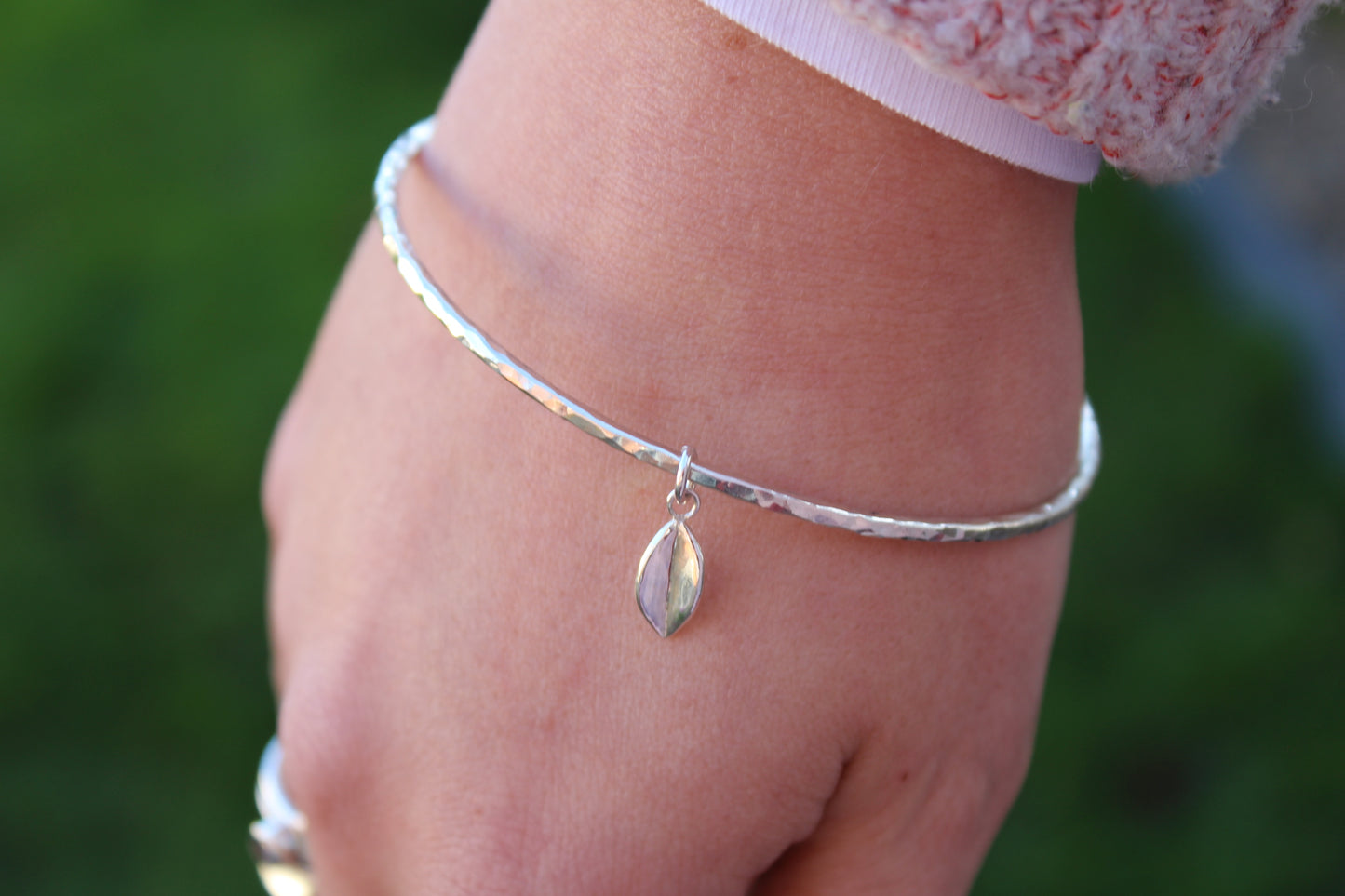 Textured Bangle with Dangle Leaf Charm