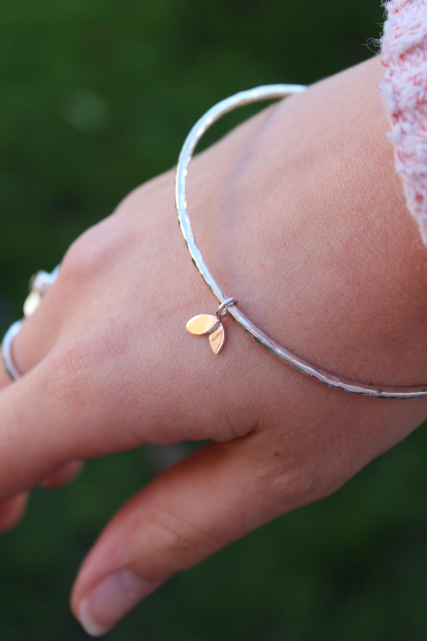 Textured Bangle with Duo Leaf Charm - can be personalised