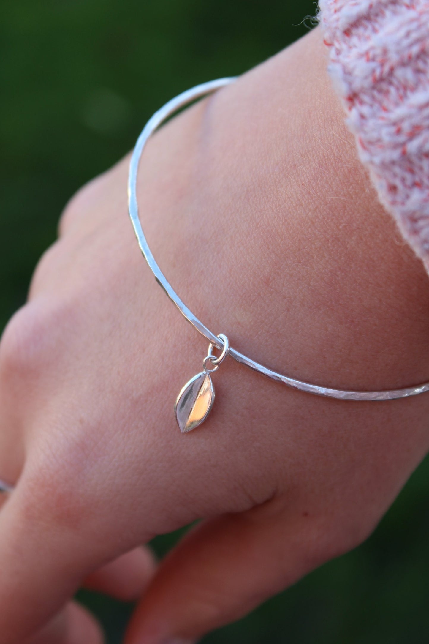 Textured Bangle with Dangle Leaf Charm