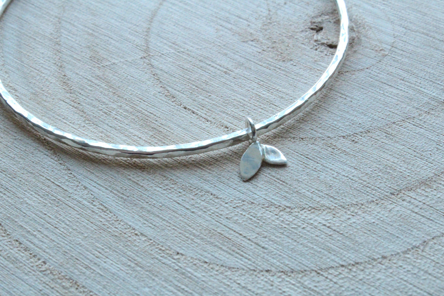 Textured Bangle with Duo Leaf Charm - can be personalised