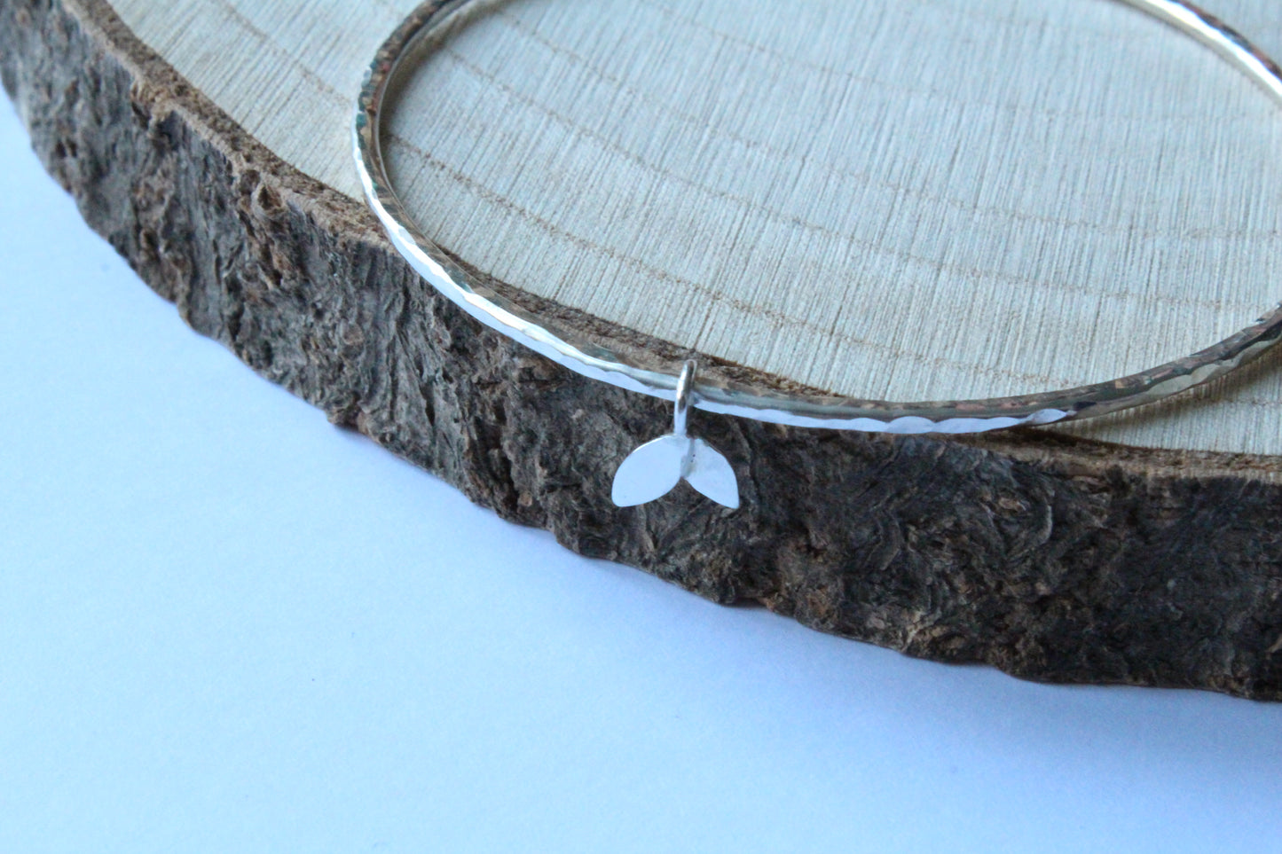 Textured Bangle with Duo Leaf Charm - can be personalised