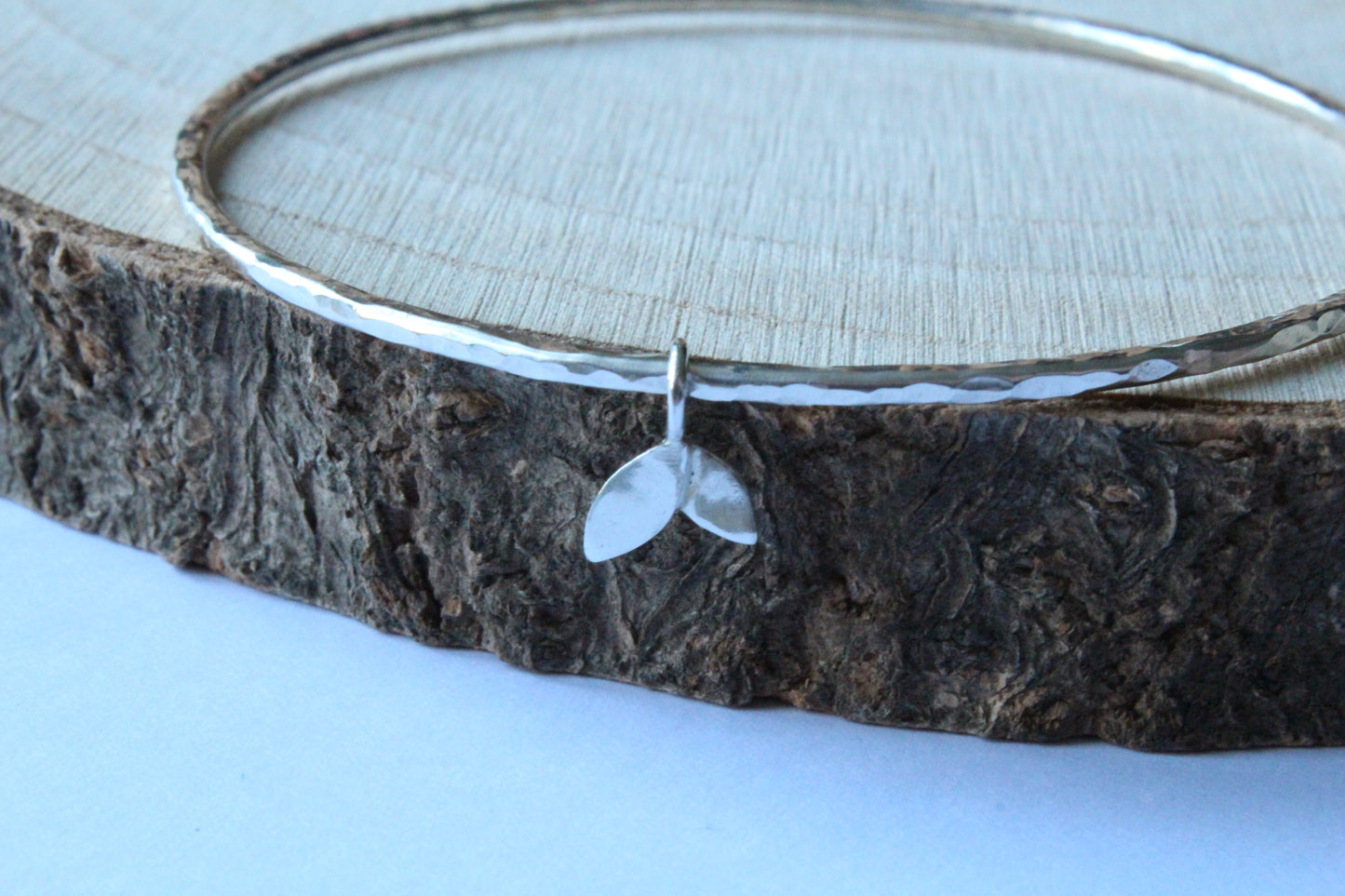 Textured Bangle with Duo Leaf Charm - can be personalised