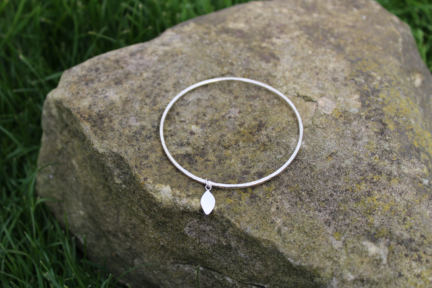 Textured Bangle with Flat Leaf Charm - can be personalised