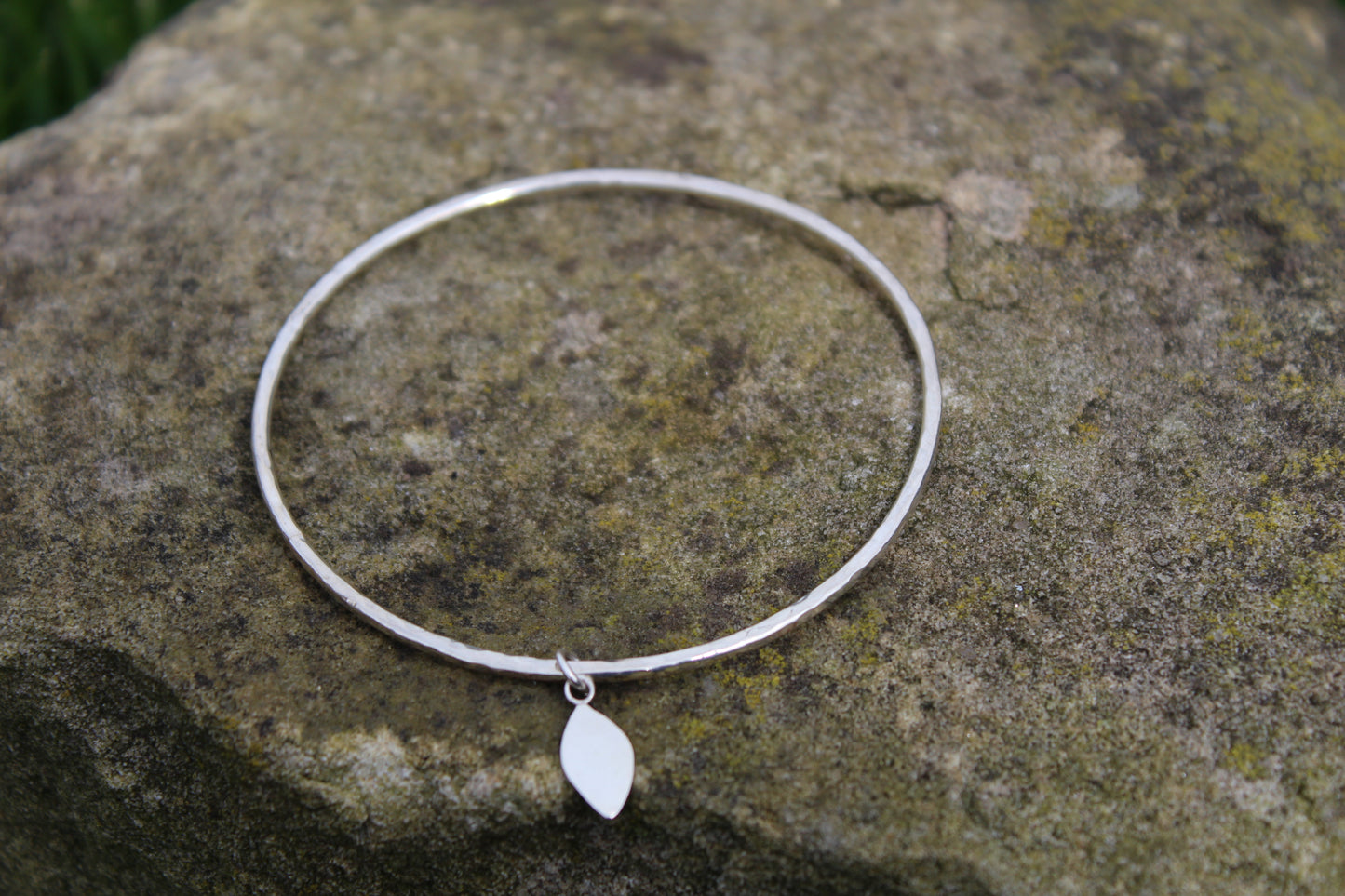 Textured Bangle with Flat Leaf Charm - can be personalised