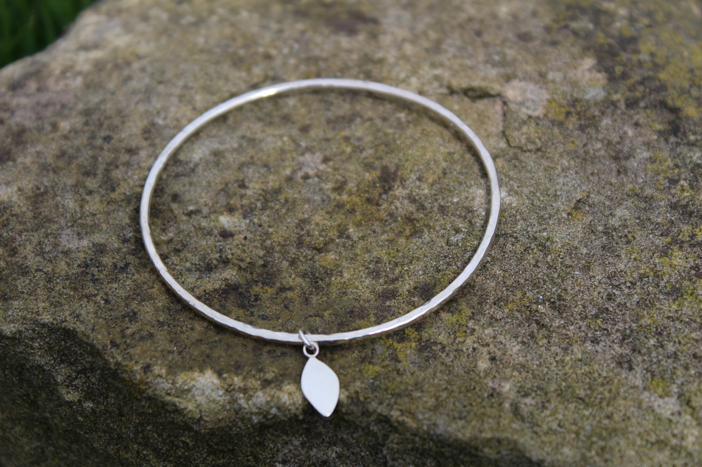 Textured Bangle with Flat Leaf Charm - can be personalised